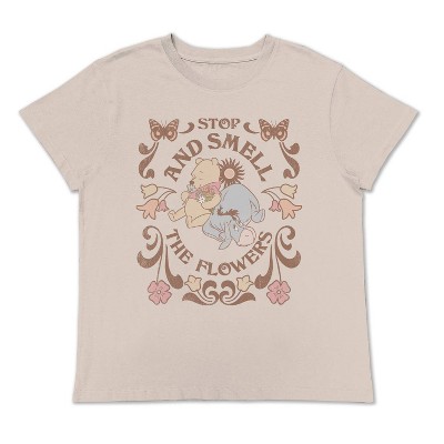 Women's Winnie The Pooh Flowers Short Sleeve Graphic T-Shirt - Cream