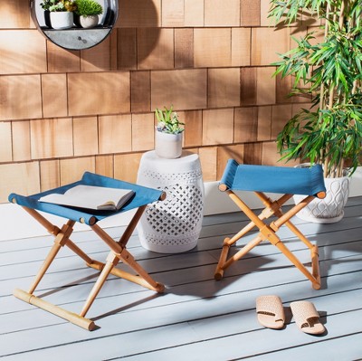 Breanne 17'' Brown and Navy Eucalyptus Folding Stools, Set of 2