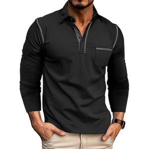 Mens Long Sleeve Polo Shirts Fall Summer Casual Button Collared Fashion Classic Top Blouse With Pocket - 1 of 4
