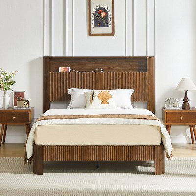Platform Bed Frame with Storage Headboard,Charging Station,Wavy Wood Grain Design & Sturdy Quiet Metal Support-Baofuwish