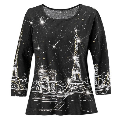 Collections Etc Stylish Destination Paris Sequin Accents 3/4 Length Sleeve Top