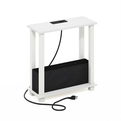 Furinno Turn-S-Tube 2-Tier Slim Side Table, End Table with Bin Drawer, USB and Type-C Charging Port, White/White/Black