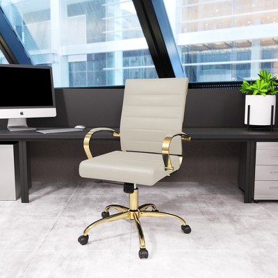 Maykoosh 24" White Leather Swivel Office Chair with Gold Metal Frame