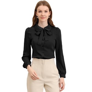 INSPIRE CHIC Women's Peter Pan Collar Bow Tie Neck Puff Long Sleeve Workwear Button Blouses - 1 of 4