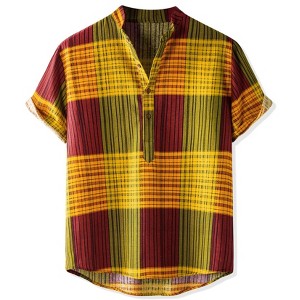 Lars Amadeus Men's Short Sleeves Stand Collar Color Block Shirts - 1 of 4