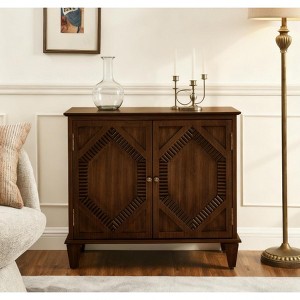 TIRAMISUBEST 65.2" Mid Century Modern Sideboard Buffet Cabinet with Storage, Symmetrical Geometric Accent Coffee Bar Wine Bar Storage Cabine, Brown - 1 of 4