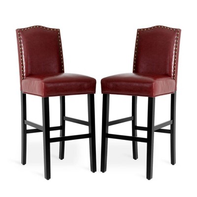 Elegant Red Leatherette Adjustable Barstool Set with Studded Detail