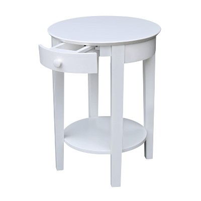 Elegant Round White Parawood Accent Table with Drawer and Shelf