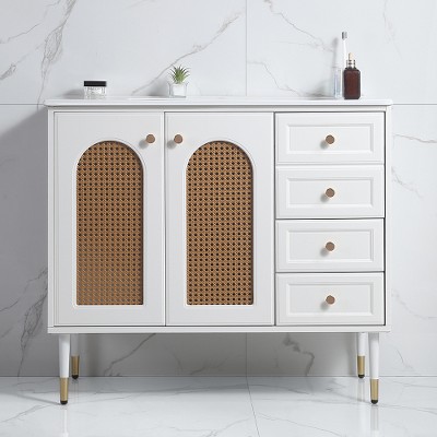 Lyngins 36" Bathroom Vanity with Sink – Drop-In Basin, Tapered Legs, Rattan Bathroom Storage Cabinet with Woven Hollowed-Out Doors & Drawer