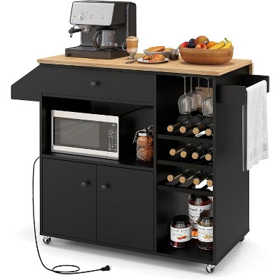 Tangkula Drop Leaf Kitchen Island Cart with Power Outlet Mobile Buffet Storage Cart with Microwave Shelf Wine Rack Stemware Rack White & Natural/Black & Natural/Rustic Brown