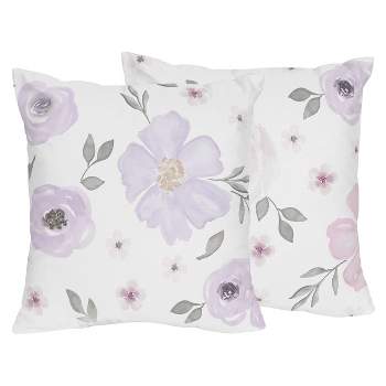 Sweet Jojo Designs Set of 2 Decorative Accent Kids' Throw Pillows 18in. Watercolor Floral Purple Pink and Grey