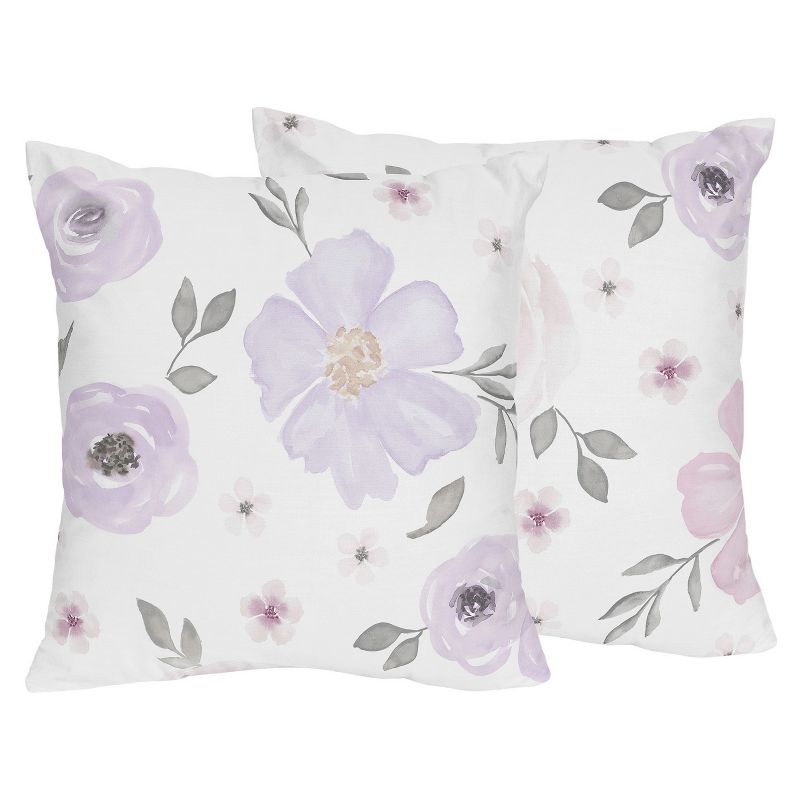 Sweet Jojo Designs Set of 2 Decorative Accent Kids' Throw Pillows 18in. Watercolor Floral Purple Pink and Grey, 1 of 6