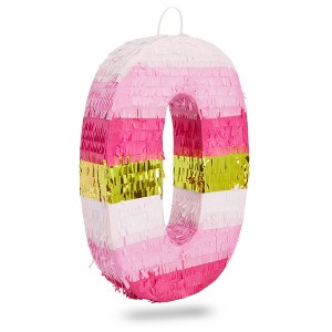 Blue Panda Small Pink and Gold Number 0 Pinata for Kids Birthday Party, 16.5 x 11.35 x 3 Inches - 1 of 4