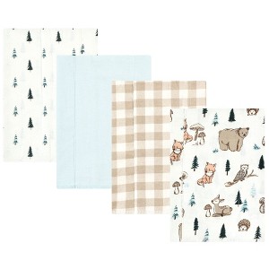 Hudson Baby Infant Boy Cotton Flannel Burp Cloths, Boy Woodland Pals 4-Pack, One Size - 1 of 4