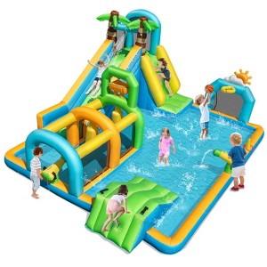Costway Inflatable Water Park with Climbing Wall Basketball Rim Target Game - 1 of 4