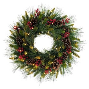 Puleo 26" Pre-Lit Artificial Pinecone and Berry Christmas Wreath - 1 of 4