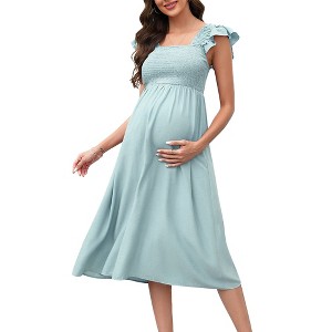 Maternity Dress - Shirred Flutter Cap Sleeve Square Neck Ruffle Midi Dress for Baby Shower Photography - 1 of 4