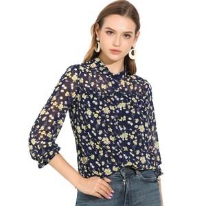 Allegra K Women's Casual Button Down Ruffle Long Sleeve Floral Print Chiffon Blouse - 1 of 4