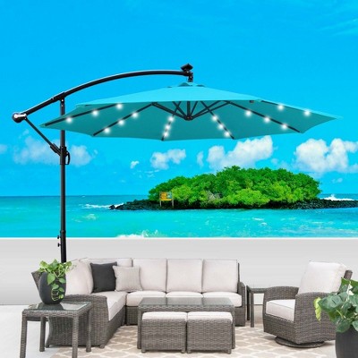 CAVINAS 10 FT Patio Umbrella with LED Light and Crank,8 Ribs Market Patio Umbrella with Cross Base for Backyard,Poolside,Deck