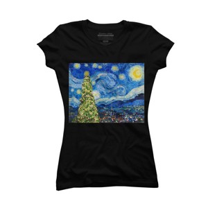 Junior's Design By Humans Van Gogh Starry Night - Christmas Tree By bcstudio T-Shirt - 1 of 3