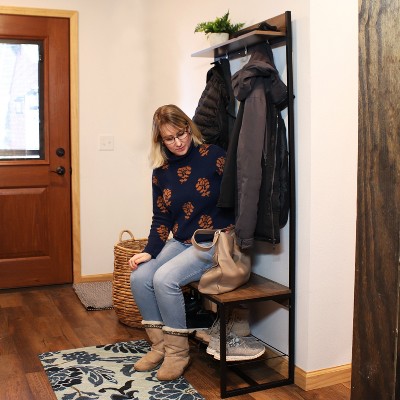Industrial-Style Hall Tree Bench with Coat/Shoe Rack - Light Brown