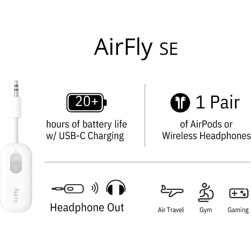 Twelve South AirFly SE Bluetooth Wireless Audio Transmitter for AirPods or Wireless Headphones use with Audio Jack for In-Flight, TV, Gym and Tablets, 5 of 9