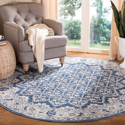 Ivory and Blue Square Synthetic Stain-Resistant Area Rug