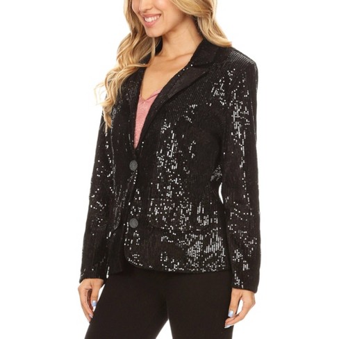 Anna-kaci Women's Long Sleeve Sparkle Sequin Two Button Blazer Jacket ...