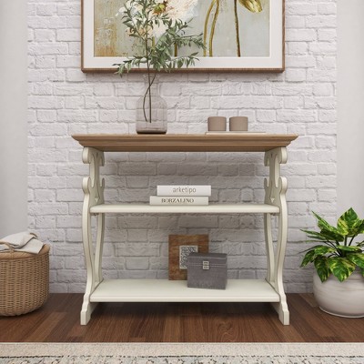 Cottage Charm White and Natural Wood 2-Tier Console Table with Storage