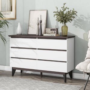HDZNVF Wide Size Drawer Storage Cabinet, 6 Drawer Chest of Drawers, White and Walnut - 1 of 4