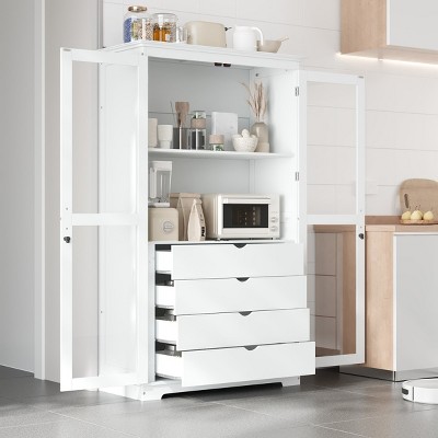 Large Wood Kitchen Pantry Cabinet with Glass Doors and Drawers,Freestanding Farmhouse Storage Organizer for Kitchen or Dining Room-Coolbibila