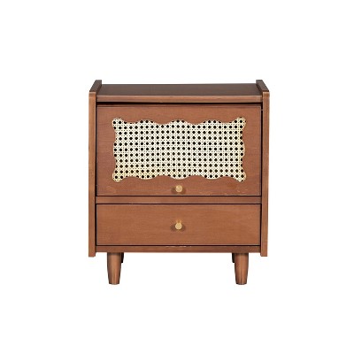 NicBex Elegant Wooden Nightstand Bedside Table with Rattan-Woven Cabinet and Drawer for Bedroom