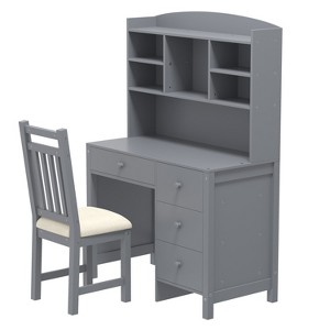 Gulches Vintage 40'' Gray Executive Desk & Upholstered Chair Set - Built-In Bookshelf, 4 Drawers, for Home Office/Bedroom/Study - 1 of 4