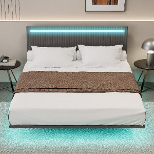 CAVINAS Full Size Bed Frame, Modern Upholstered Floating Bed Frame with LED Lights, Vertical Channel Design Velvet Fabric Bed - 1 of 4
