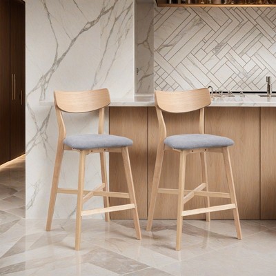 Wooden Bar Chairs Set of 2, Modern Soft Upholstered Kitchen Island Chairs, Counter Height Stool with Backrest - Leovsnove
