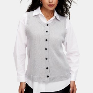 Knit & Lounge Women’s Button Front Sweater Vest Classic Ribbed Hem Soft Knit Sleeveless Vest - 1 of 4