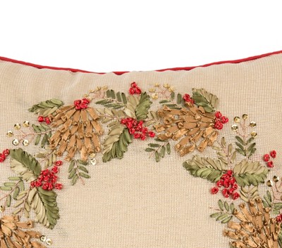 Festive Beige and Red Embroidered Wreath Throw Pillow