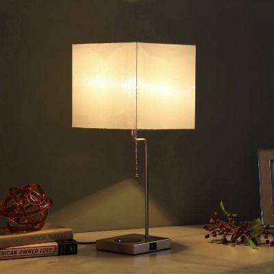 21.5" Silver Metal Table Lamp with Wireless Charging and Gray Shade