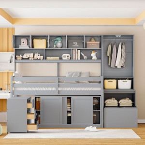 Twin Size Wooden Loft Bed with Drawers and Shelves - 1 of 4