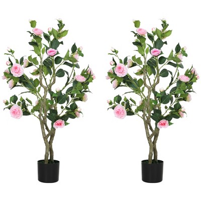 HOMCOM Set of 2 Artificial Plants, Camellia Flowers in Pots, Fake Plants for Home, Indoor Decor, Pink