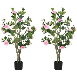 HOMCOM Set of 2 Artificial Plants, Camellia Flowers in Pots, Fake Plants for Home, Indoor Decor, Pink - 1 of 4