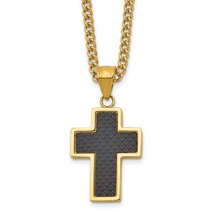 Chisel Stainless Steel Yellow IP-plated with Black Carbon Fiber Inlay Cross Pendant on a 24" Curb Chain Necklace - 1 of 1