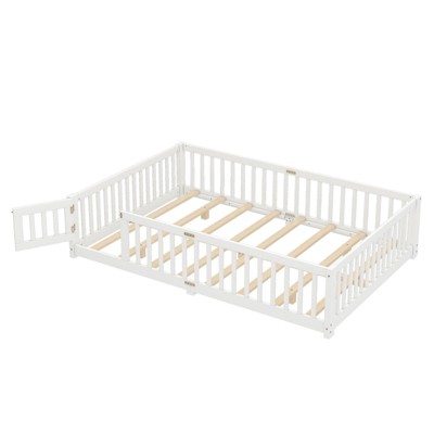 SEVOBAL Kids Bedroom Twin Size Floor Bed Frame With Safety Guardrails Door Removable Slats No Box Spring Needed for Kids, White, 64.76"*20.47"*7.28"