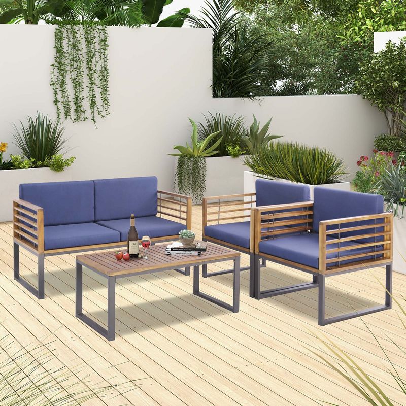 Costway 4pcs Patio Acacia Wood Chair Table Loveseat Cushioned Furniture Set Outdoor Navy, 2 of 10
