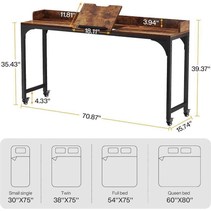Tribesigns Mobile Overbed Table, Queen Size Over Bed Desk with Adjustable Tilt Stand, Laptop Cart Computer Desk for Home and Hospital, 3 of 10