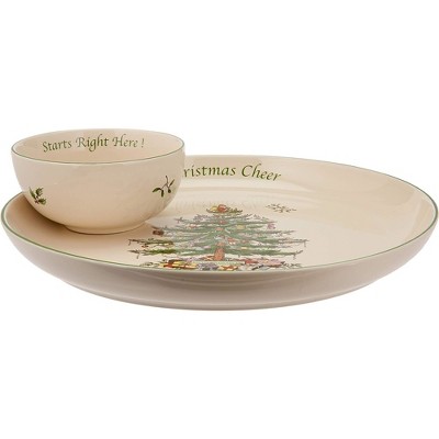 Spode Christmas Tree 2 Piece 12.5 Inch Chip & Dip, Stoneware Serving Plate with Dip Bowl for Appetizers, Side Dishes and Holiday Treats