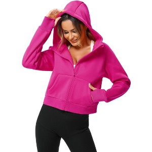 Women's Cropped Hooded Top Casual Zip Front Long Sleeve Sweatshirt with Pockets Rose Red L - 1 of 4