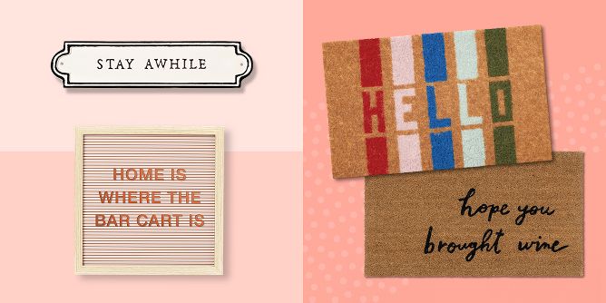 'home is where the bar cart is" letter board, "stay awhile" wall sign, "it's always happy hour here" door mat, "hope you brought wine" door mat