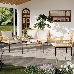 4-Pieces Outdoor Patio Conversation Set, Wicker Furniture Set with Coffee Table & Cushions, Outdoor Sectional Sofa for Balcony, Backyard, Deck - 1 of 4
