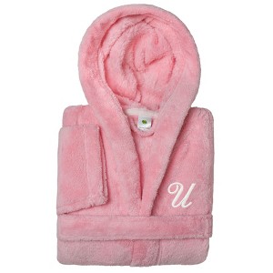Personalized Linum Kids 100% Polyester SUPER PLUSH Double Brushed Hooded Bathrobe in White Script Font - 1 of 3